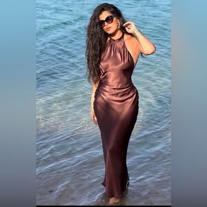 🔥🔥Zara  Brown Satin Halter Dress